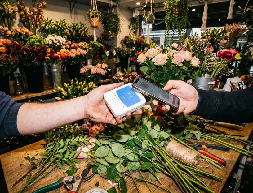 Pagamento contactless col myPOS Flex dal banco di una fioraia