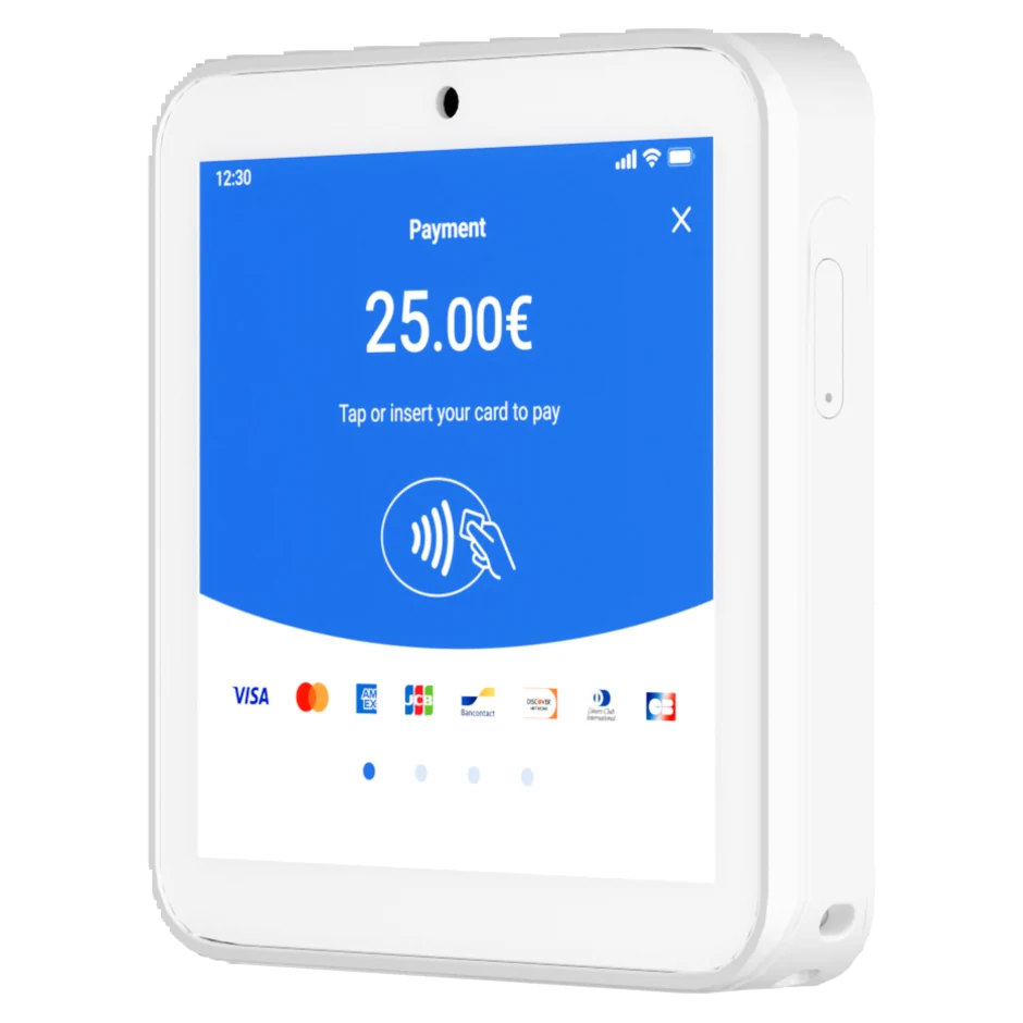 Terminale myPOS Flex bianco visto di fronte, con schermo di pagamento