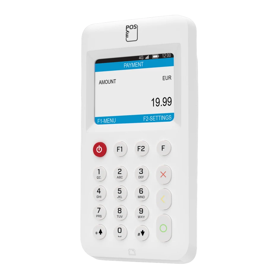 myPOS Go 2 vista 3/4 con schermata di pagamento
